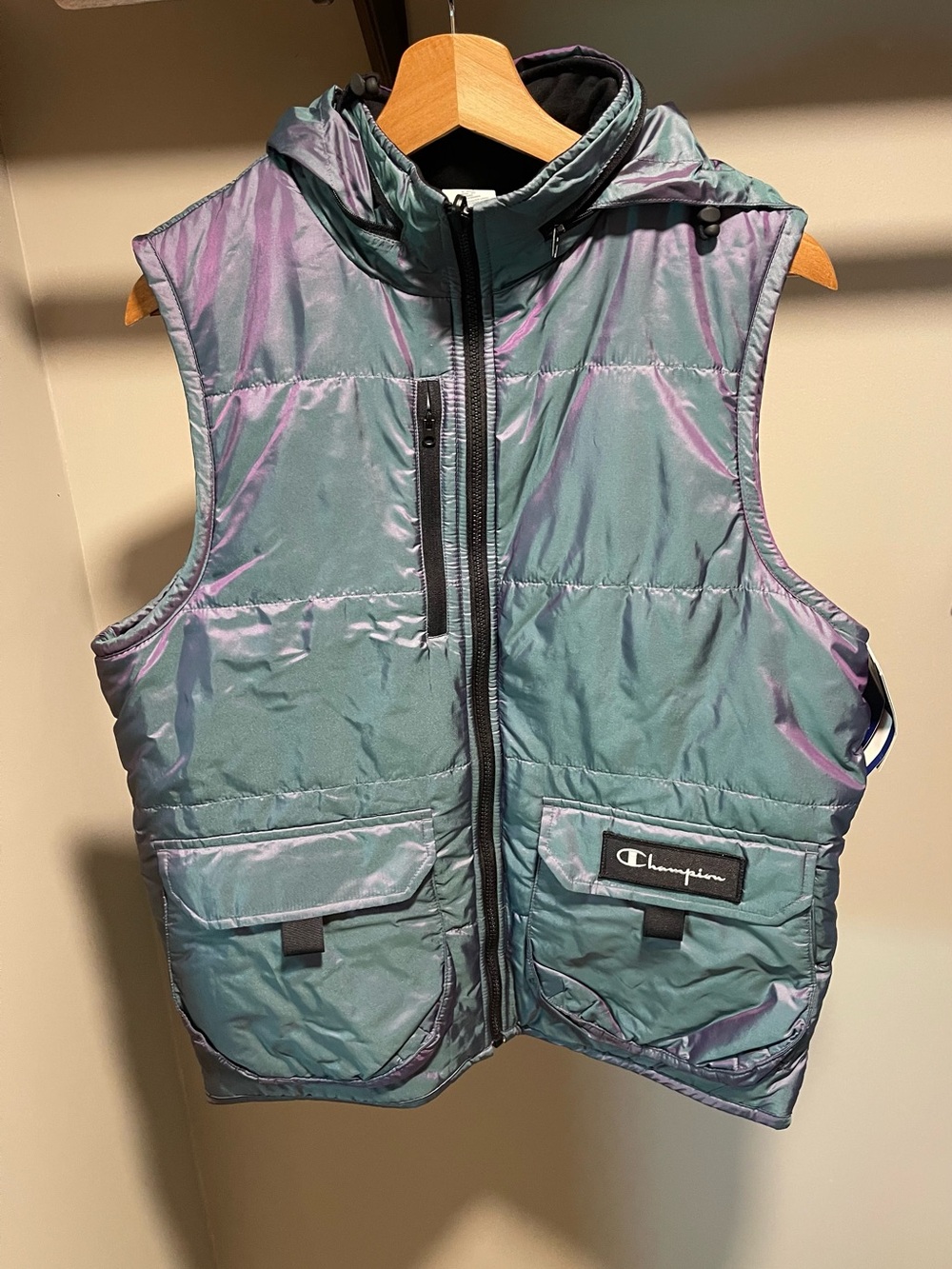 Champion Iridescent Hooded Puffer Vest in Green and Purple Vibes Rare New NWT